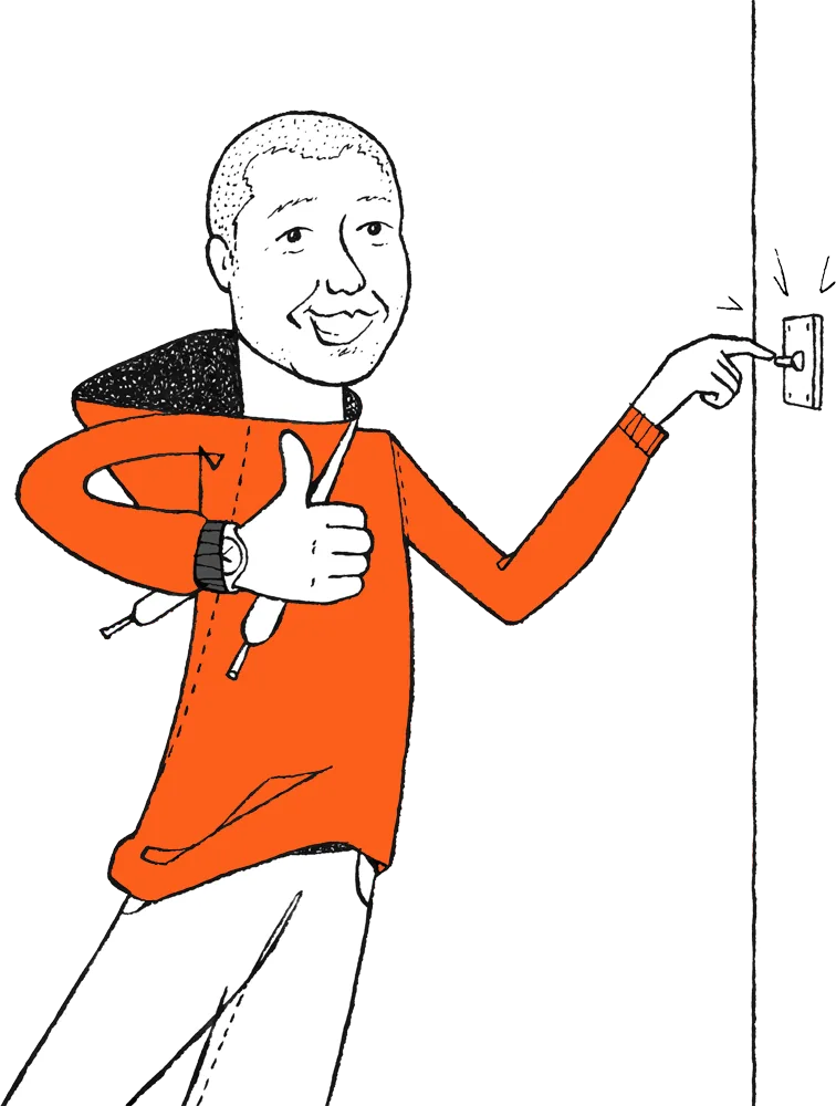 A man giving a thumbs up while flicking a light switch