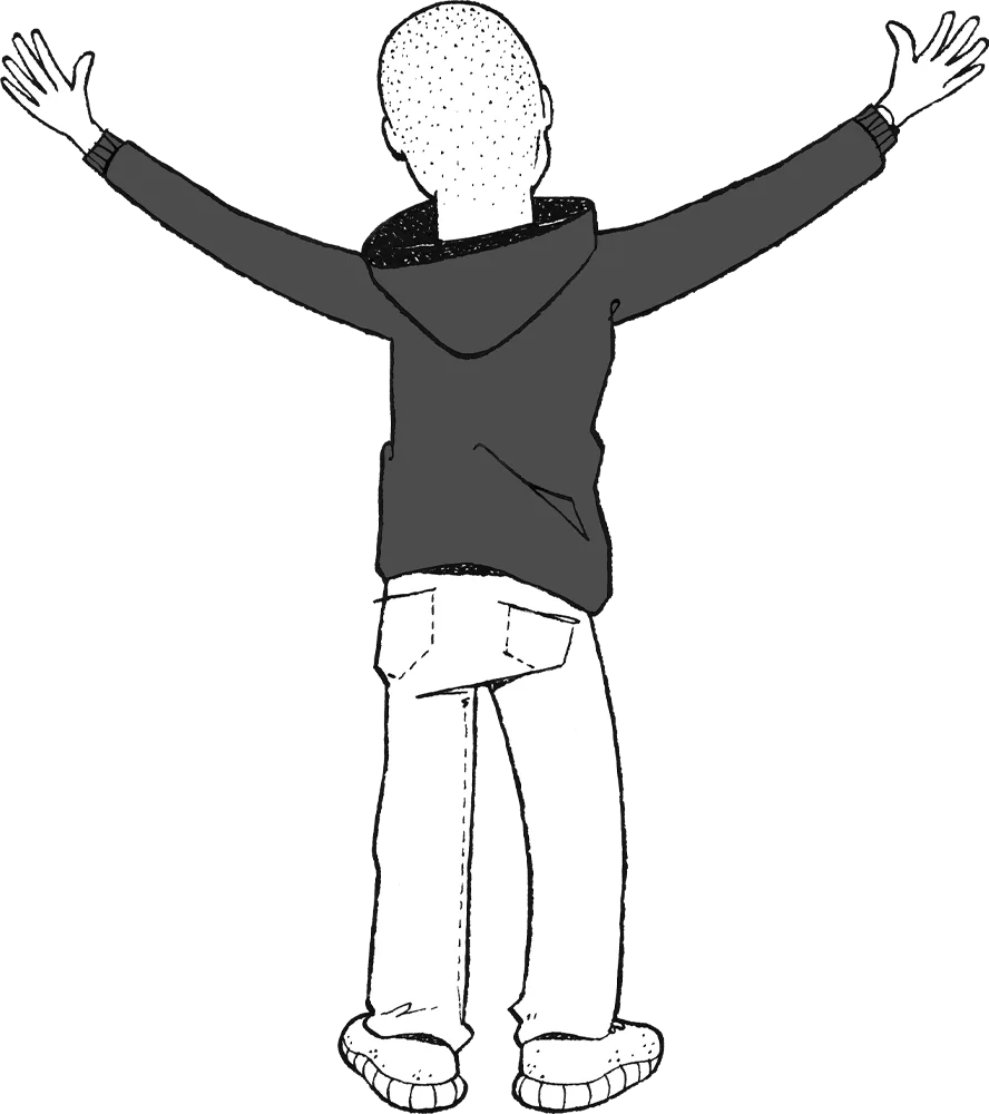 A man in a hoodie with his arms up, cheering