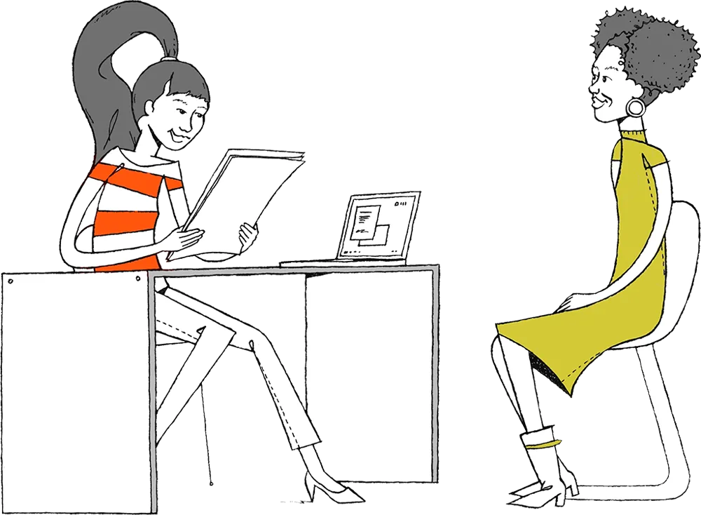 Two women, one working at a desk and one in an interview